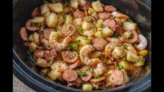 CROCKPOT CAJUN STYLE SMOTHERED POTATOES WITH SAUSAGE AND SHRIMP [upl. by Harve]