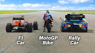 F1 Car vs MotoGP Bike vs Rally Car Ultimate Drag Race modsgarage20 redbull [upl. by Chadburn]