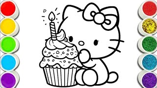 hello kitty with birthday cake muffin drawing and colouring for kids and toddlers ABCD rhymes song [upl. by Dombrowski]