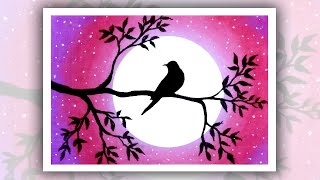 How to draw an alone Bird Easy Oil Pastel Drawing for Beginners moonlight Drawing [upl. by Lerad112]