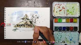 Tutorial sketch painting watercolor lukisan Masjid Wapauwe [upl. by Shay]