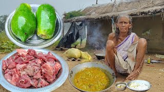 poor old window Grandma cooking MUTTON CURRY with Papaya recipe amp eating Indian Village food [upl. by Bascio]