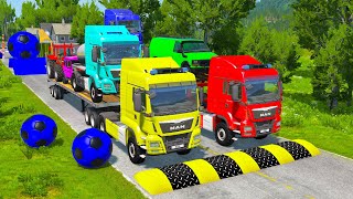 Double Flatbed Trailer Truck vs Speedbumps Train vs Cars BeamngDrive 12 [upl. by Averat]