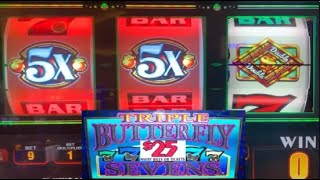 High Limit Slots 25 Triple Butterfly 7s  Double Top Dollar  5x 5x 5x Jackpots Slot Play [upl. by Toblat]