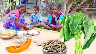 taro leaves curry with dry fish amp pumpkin fry recipe prepared by santali tribe mothervillage life [upl. by Tarfe]