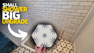 Big Shower Upgrade Using Subway Wall Tiles and Hexagon Floor Tiles [upl. by Tove]