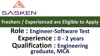 Sasken Hiring EngineerSoftware Test I Freshers  Experienced are Eligible to Apply [upl. by Eninaej]