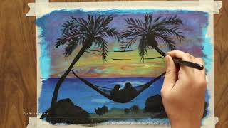 String lights  sunset painting Acrylic painting for beginners  couples in sunset seascape  16 [upl. by Ronn]