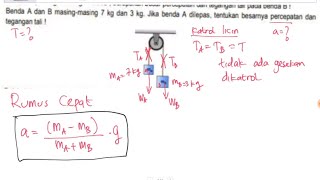 Menghitung percepatan dan tegangan tali dua benda yang digantung pada katrol [upl. by Elbring]