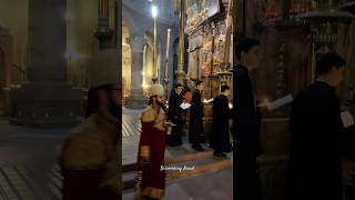 Christian ceremony of worship near the Aedicule in the Church of the Holy SepulchreJerusalem 2024 [upl. by Trevah]