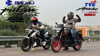 TVS Apache RTR 160 2v 2024 vs Bajaj Pulsar N160  Drag Race  unexpected result [upl. by Elleved]