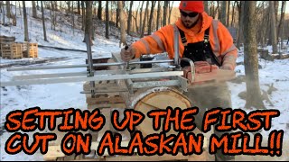 195 Setting up the First Cut on an Alaskan Chainsaw Mill [upl. by Ahsatniuq]