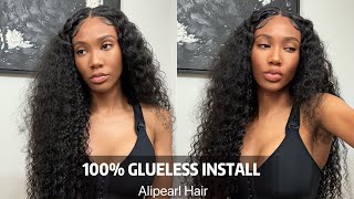 GLUELESS 5x5 HD CLOSURE WIG INSTALL ALIPEARL DEEP WAVE HAIR REVIEW [upl. by Aenit102]