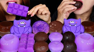 ASMR PURPLE UNICORN PUDDING BAR CHOCOLATE ICE CREAM BON BONS GRAPE PUDDING JELLY MOCHI DONUTS 먹방 [upl. by Cadmann]