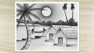 Amazing Moonlight Night Scene Drawing by Pencil Pencil Drawing for Beginners [upl. by Tarttan]