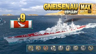 Battleship Gneisenau 9 ships destroyed on map Estuary  World of Warships [upl. by Brasca280]