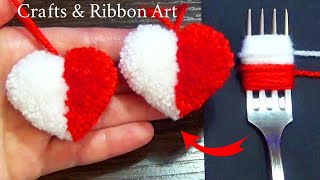 Super Easy Pom Pom Heart Making with Fork  Amazing Craft Ideas with Wool  How to Make Yarn Heart [upl. by Elletnwahs953]