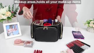 Large Makeup Bag with Makeup Brush Compartment amp Two Side Pockets [upl. by Roderic881]