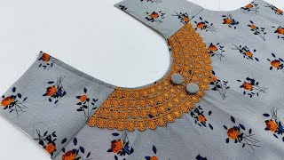 خياطة صدر دشداشة بسيطة و نازكة  neck design with lace  cutting and stitching very easy [upl. by Ailana]