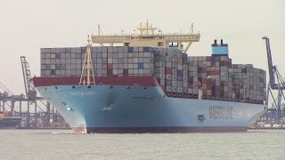 Triple E Container Ship MARGRETHE MAERSK departing Felixstowe UK  Maiden Call June 24 2015 [upl. by Nahtaoj]