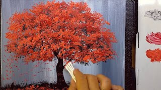 How to Paint Red Tree ❤️ Cotton Swab Acrylic Painting Landscape on Canvas For Beginners [upl. by Nina]