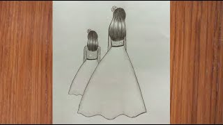 how to draw a girl step by step  easy mother and daughter drawing [upl. by Ajim880]