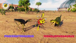 Epic battlesPROCERATOSAURUSMONOLOPHOSAURUSDEINONYCHUSSCORPIOS REXJurassic World Evolution 2 [upl. by Abott394]