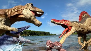 SPINOSAURUS VS TREX VS MOSASAURUS Jurassic World Movie for Families  Dinosaurs Battle [upl. by Leicam]