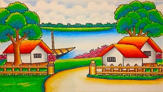 How to draw a beautiful village scenery drawing step by step  Riverside village scenery drawing [upl. by Anilok]