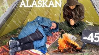 EXTREME 45° Solo Camping 4 Days  Snowstorm amp Hot Tent Winter Camping In Deep Snow  ASMR [upl. by Kcim]