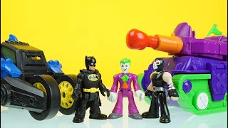 Batman vs Bane in batmobile when he robs bank joker vs flash in his tank new inaginext toys [upl. by Kciremed]