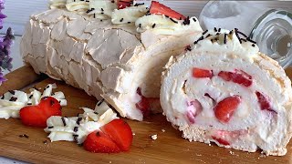 Meringue roll with Strawberries and Cream recipe [upl. by Saville622]