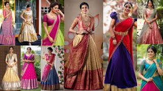 Latest Half sarees for festivals Stunning Half saree with contrast blouse ideas [upl. by Yi]