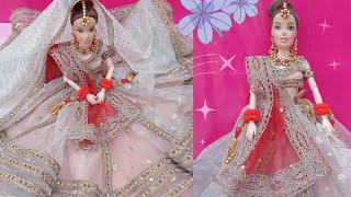 Making Wedding lehenga for Barbie doll  How to make doll lehenga [upl. by Dacie]