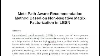 Meta Path Aware Recommendation Method Based on Non Negative Matrix Factorization in LBSN [upl. by Rye]