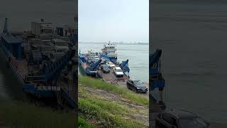 Five large trucks are crossing the river by boat Ferry crossing the river Live shooting Safet [upl. by Gresham]