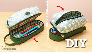 DIY Double Layer Pencil Case  2Compartment Zipper Pouch Sewing Tutorial [upl. by Jasisa616]