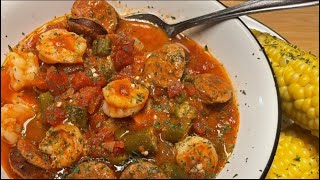 TOMATOES OKRA SHRIMP amp SAUSAGE  QUICK AND EASY DELICIOUSNESS [upl. by Tenrag864]