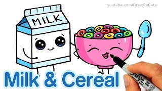 How to Draw Milk and Cereal Easy  Cartoon Food [upl. by Fisuoy]