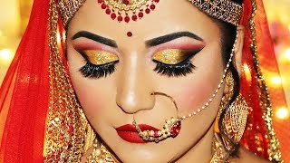 Indian Bridal Makeup Tutorial  Dramatic Gold Glitter Cut Crease and Rich Red Lipstick [upl. by Ferrigno850]