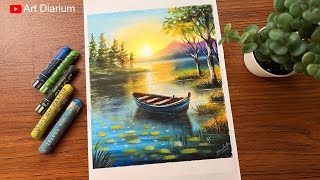 Lakeside Boat Scenery Drawing with Oil Pastels StepbyStep Tutorial [upl. by Lainey351]