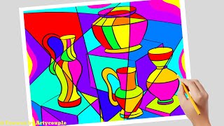 Cubism art drawing tutorial of colourful pots  Beautiful flower pots cubism drawing lesson [upl. by Lenra]