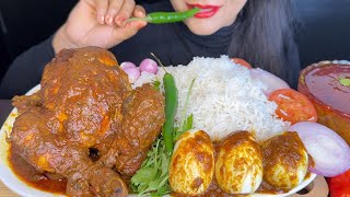 ASMR EATING SPICY WHOLE CHICKEN CURRYEGG CURRYBASMATHI RICEGREEN CHILLI FOOD VIDEOS [upl. by Ennaillij795]