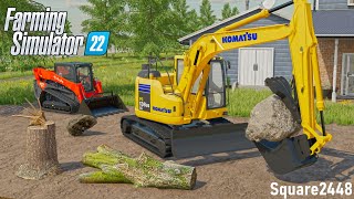 First Job With NEW Excavator Clearing OVERGROWN Yard  FS22 Landscaping [upl. by Atokad]