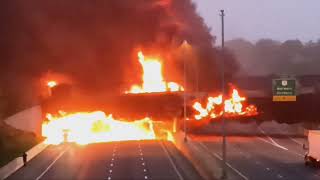 Tanker truck bursts into flames and burns bridge in Norwalk CT [upl. by Ottavia]