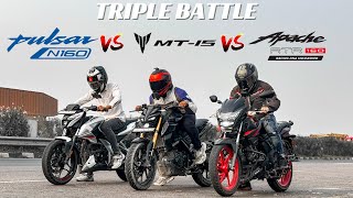 2024 TVS APACHE RTR160 RACE EDITIONVSYAMAHA MT15 VS BAJAJ PULSAR N160  TRIPLE BATTLE 😱 [upl. by Nies]