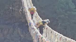 Day 5 Everest base camp trek Suspension bridge over Everest river [upl. by Nylknarf]