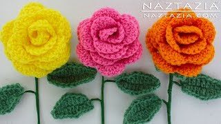 HOW to CROCHET a BEGINNER EASY FLOWER  DIY Rose Rosas Bouquet Flowers Leaf Leaves Stem Tutorial [upl. by Sherar]