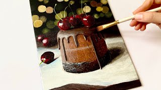 Chocolate cherry cake 🍰 🍒 Acrylic painting for beginners [upl. by Gnoz]