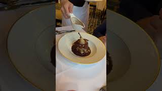 Fortified Wine Poached Pear with spices Vanilla Ice Cream and warm chocolate sauce ncl cruise [upl. by Eiffub121]